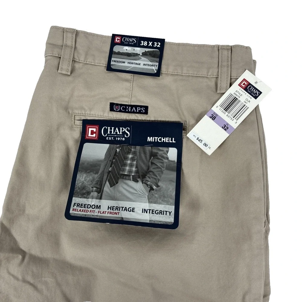 Y2K Mens Chaps Mitchell Relaxed Fit Flat Front Khaki Chino Pants Size 38x32 NWT